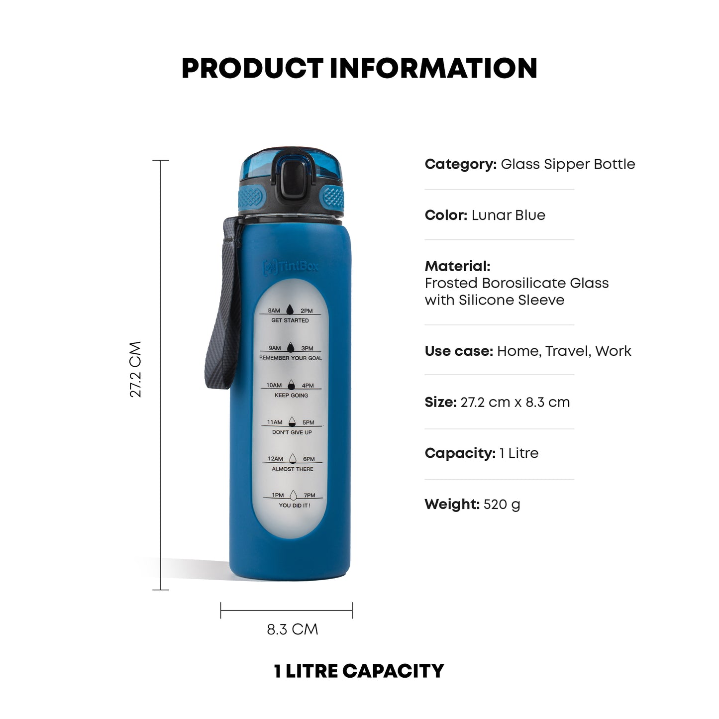 Motivational Glass Sipper Bottle, 1 litre