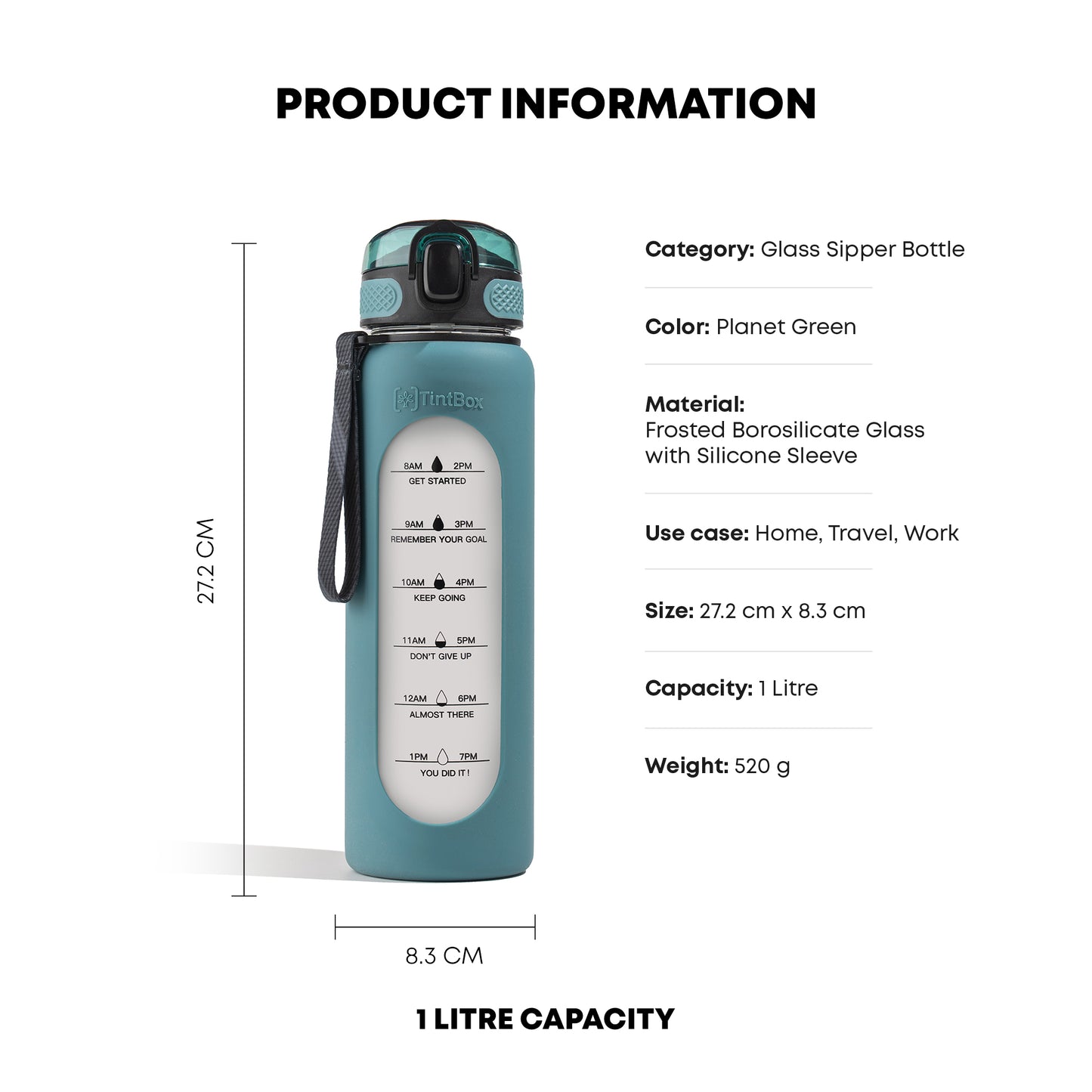 Motivational Glass Sipper Bottle, 1 litre