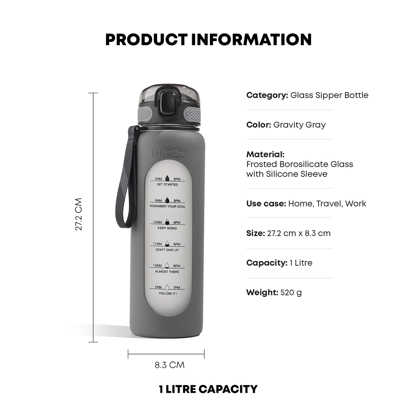 Motivational Glass Sipper Bottle, 1 litre