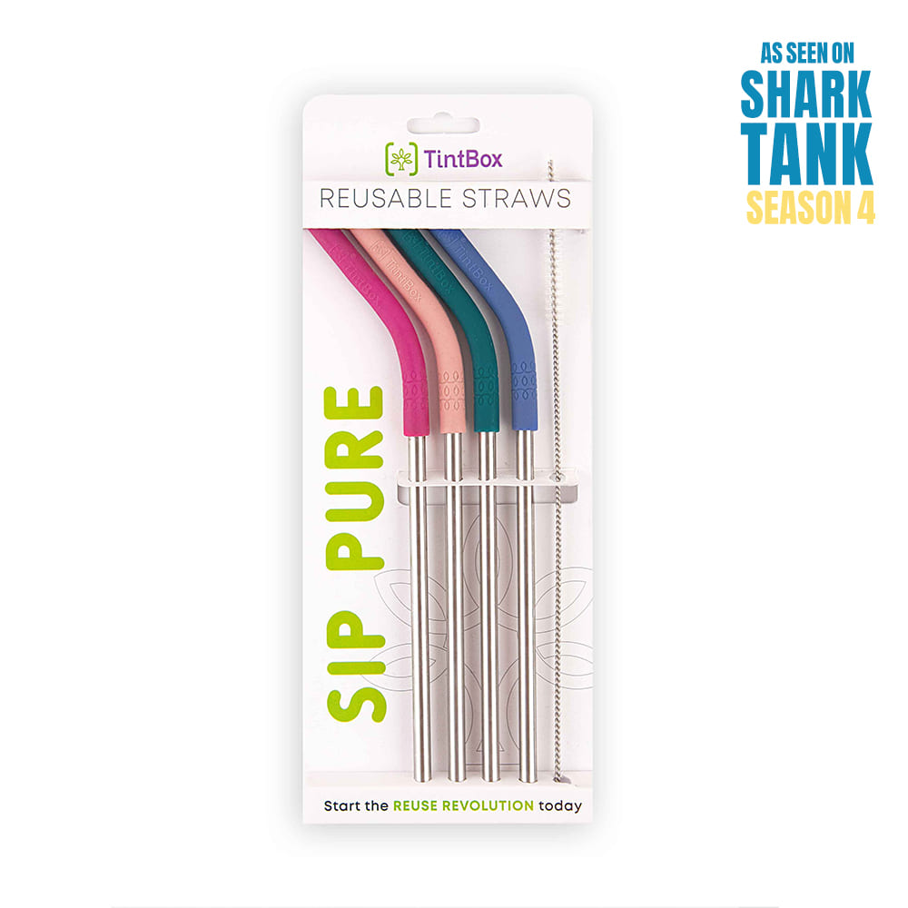Pack of 4 Stainless Steel Straws with Silicone Tip and Cleaning Brush