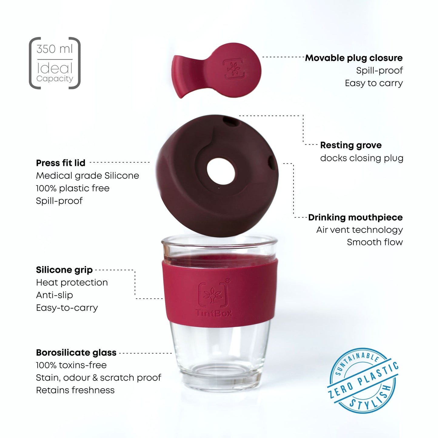 Customized TintCup Borosilicate Glass Coffee Cup with Silicone Lid & Grip, 350 ml