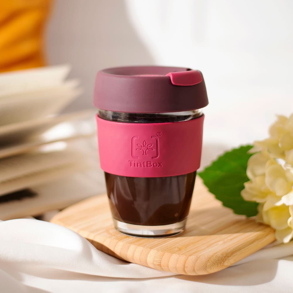 Customized TintCup Borosilicate Glass Coffee Cup with Silicone Lid & Grip, 350 ml