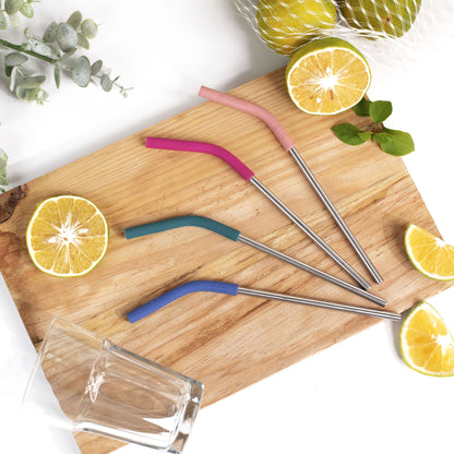 Pack of 4 Stainless Steel Straws with Silicone Tip and Cleaning Brush