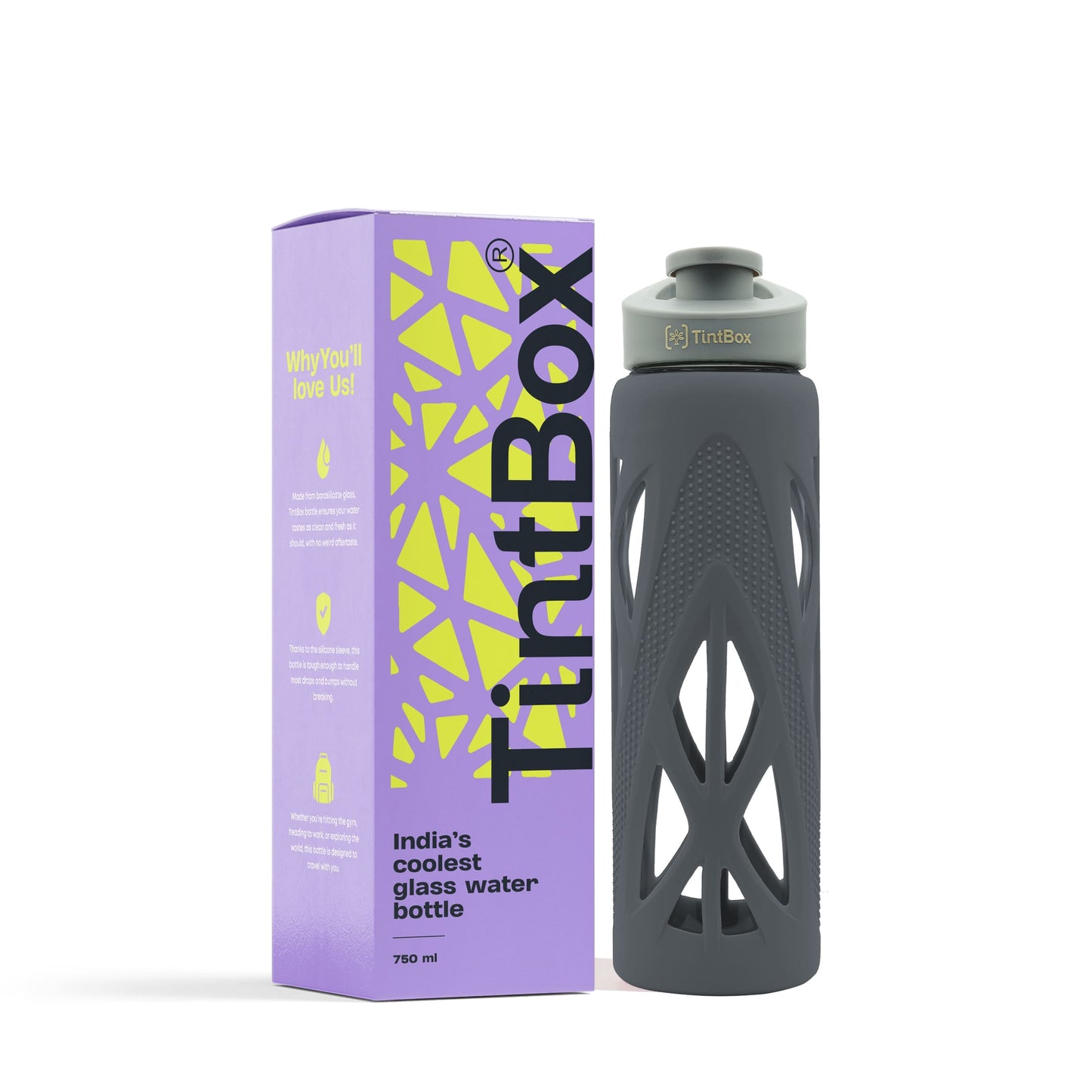 Borosilicate glass water bottle with cover (Silicone Sleeve) 750ml for Fridge, Office, Gym & Home