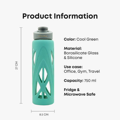 Borosilicate Glass Water Bottle with Protective Silicone Sleeve, 750 ml
