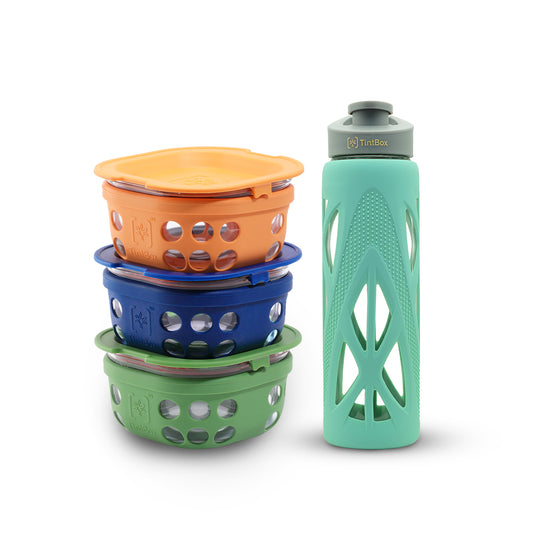 Set of 3 Borosilicate Glass Lunch Boxes(300 ml) with Bottle (750 ml)