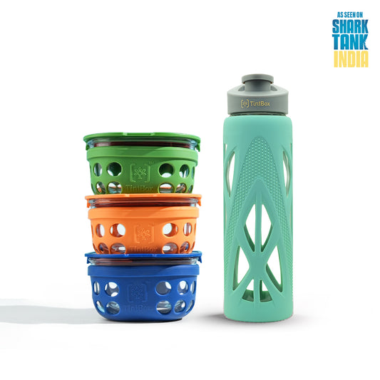 Set of 3 Borosilicate Glass Lunch Boxes(300 ml) with Bottle (750 ml)