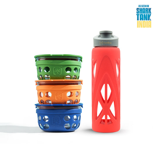 Set of 3 Borosilicate Glass Lunch Boxes(300 ml) with Bottle (750 ml)