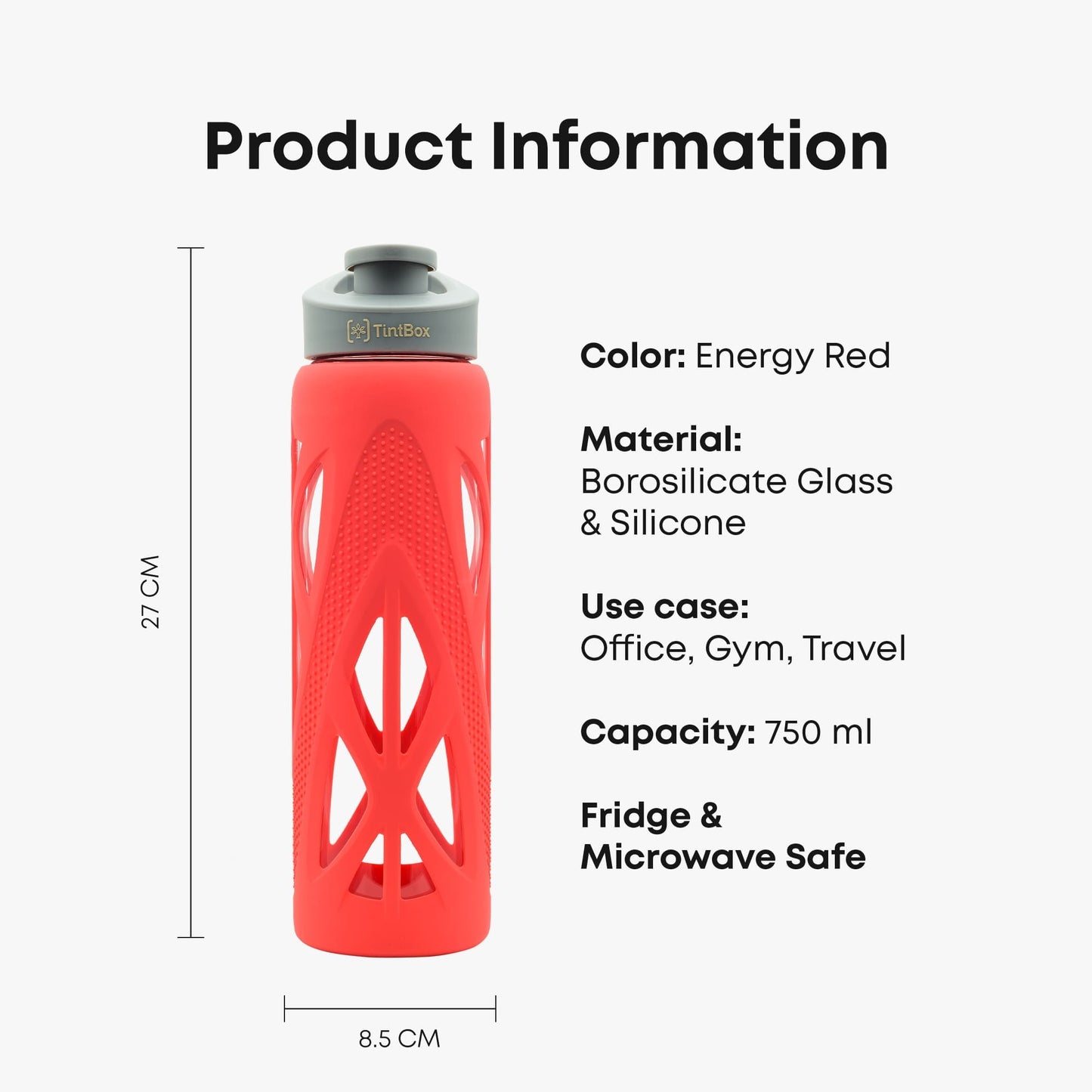 Borosilicate Glass Water Bottle with Protective Silicone Sleeve, 750 ml