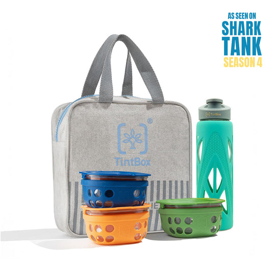 Set of 3 Borosilicate Glass Lunch Boxes(300 ml) with Bag & Bottle (750 ml)
