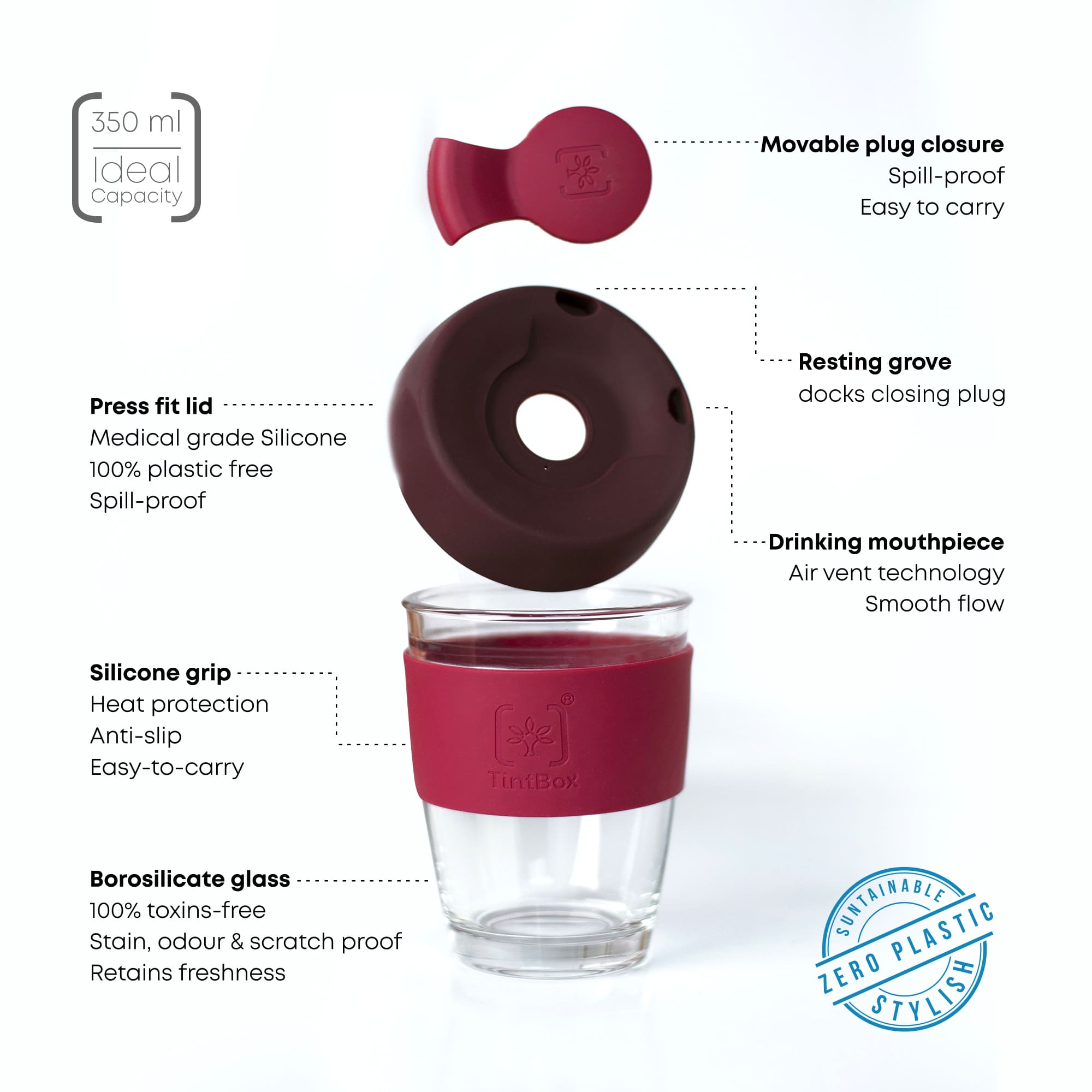 TintCup, Borosilicate Glass Coffee Cup with Silicone lid and Grip