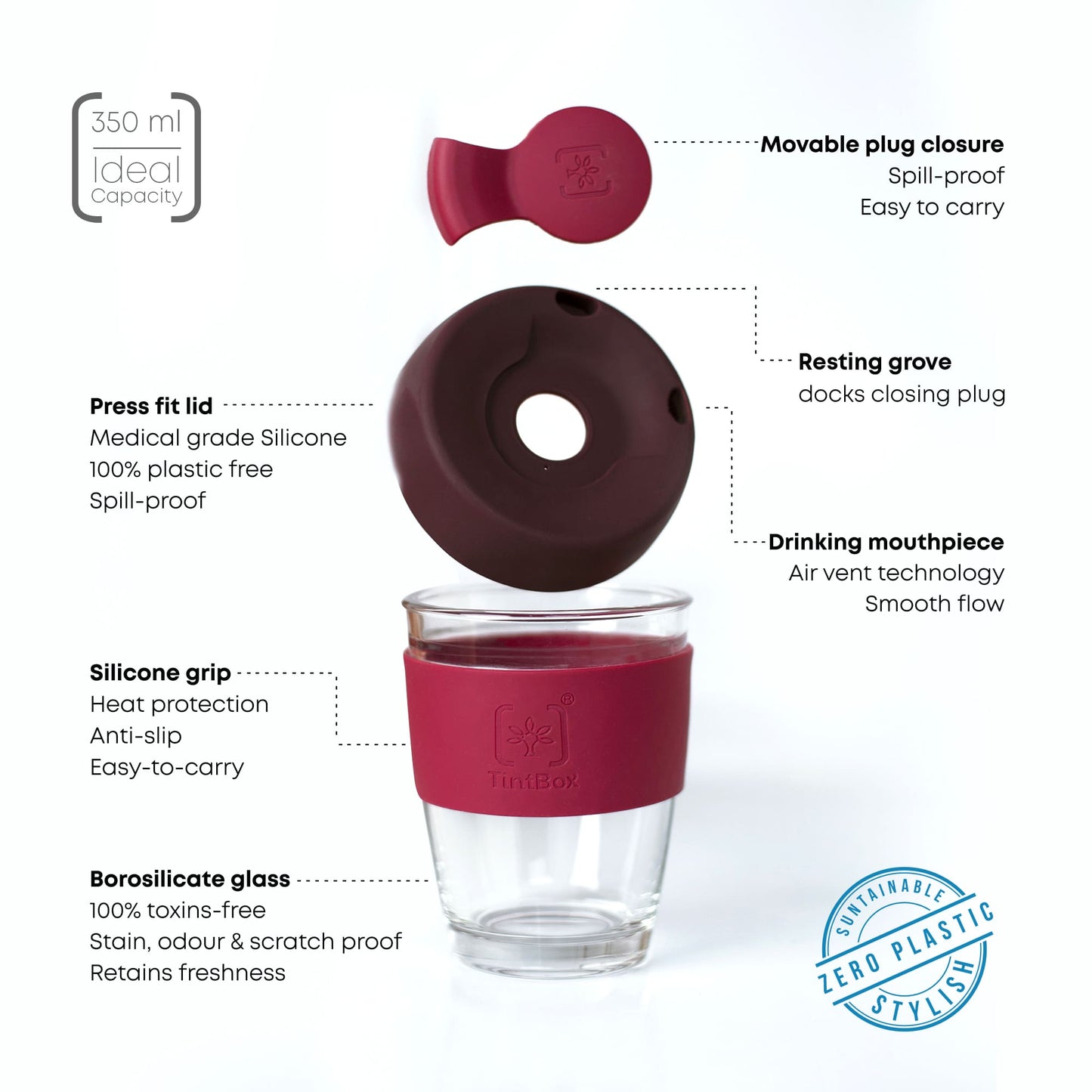 TintCup Borosilicate Glass Coffee Cup with Silicone Lid & Grip, 350 ml