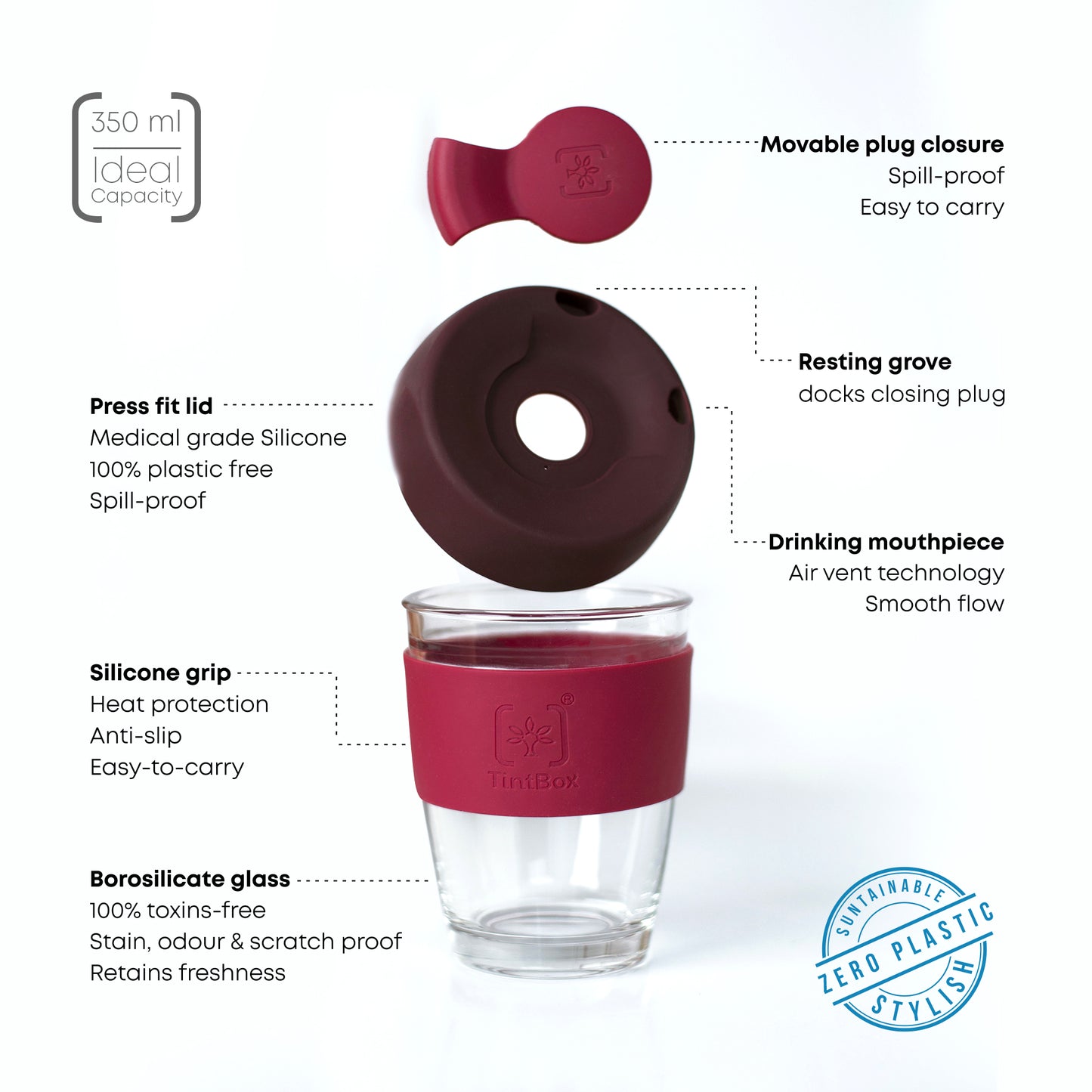 TintCup Borosilicate Glass Coffee Cup Duo with Silicone Lid & Grip, 350 ml