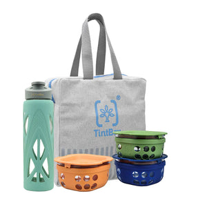 TintBox Borosilicate Glass Lunch Box and Water Bottle Combo - Set Of 3 Lunch Box + 1 Bottle + Canvas Bag